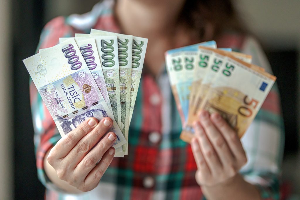person holding euro banknostes in one hand and in second hand cz