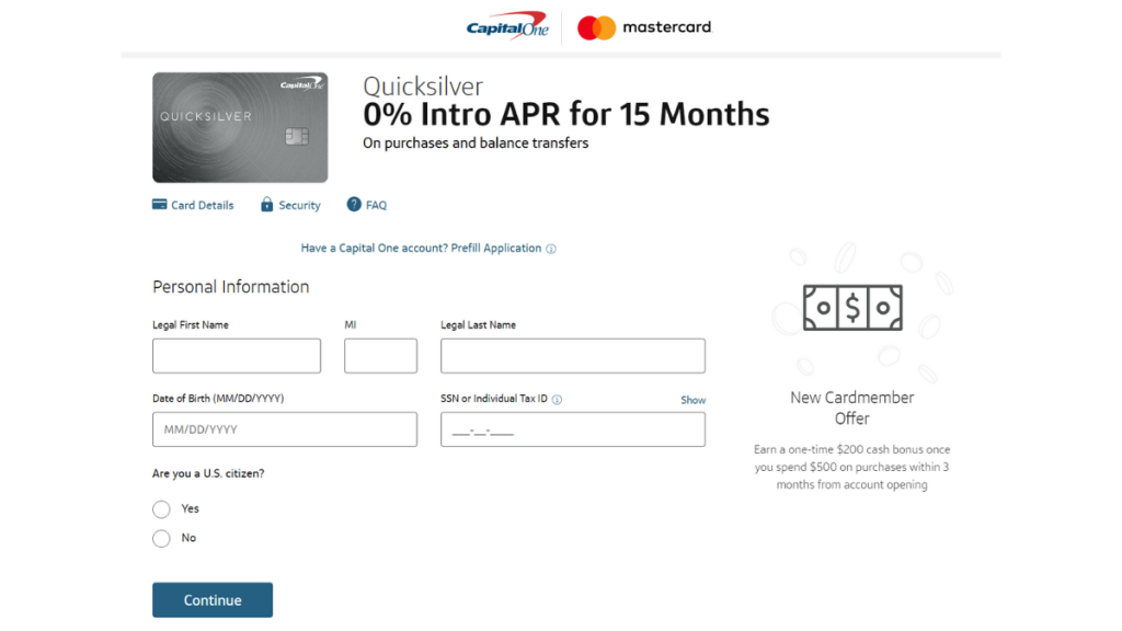 Capital One Quicksilver Cash Rewards application page