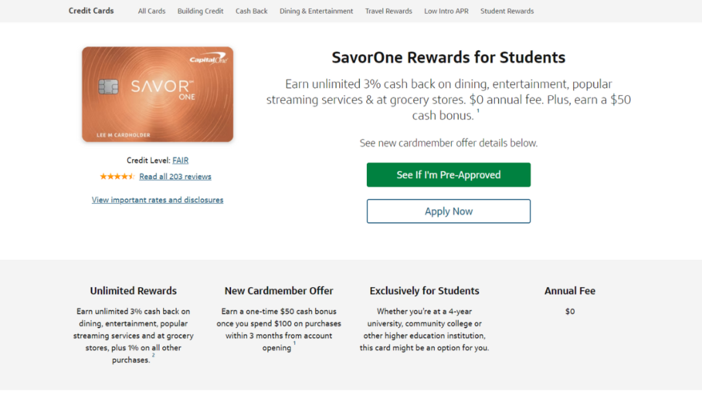 Capital One SavorOne Student Cash Rewards Credit Card