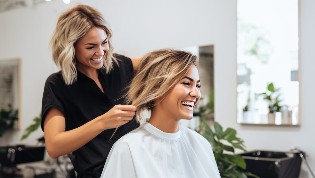 selective focus of hairdresser cutting hair of happy woman in beauty salon