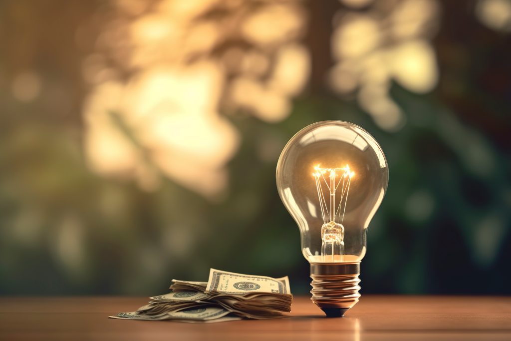 Ideas to save money, how to face an economic crisis, electric light bulb on.